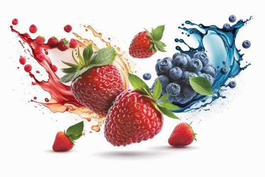 Red Raspberry, Strawberry, And Blueberry Are Part Of A Fresh Fruit Mix That Is Soaring In The Air On A White Background. Generative AI