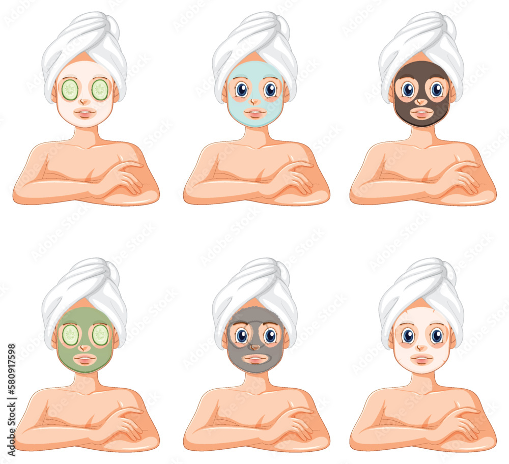 Poster collection of women relaxing with a face mask treatment