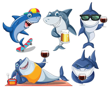 Shark Doing Different Activities Cartoon Characters
