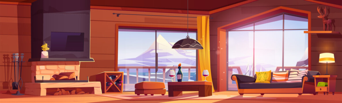 Chalet interior with fireplace in winter cabin cartoon vector illustration. Vintage living room in hotel with terrace and mountain view landscape from window. Wine bottle on table near couch and pouf.