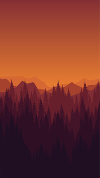 sunset view of mountain scenery view with forest silhouette in portrait orientation vector illustration good for wallpaper design, design template, background template, and tourism design template	