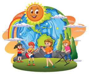 Plakat Children playing music on earth globe