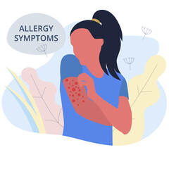 Seasonal allergy. Woman with red skin rash. Woman scratching skin on her hand