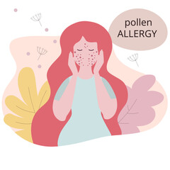 Seasonal allergy. Woman with red skin rash. Woman scratching skin on her face