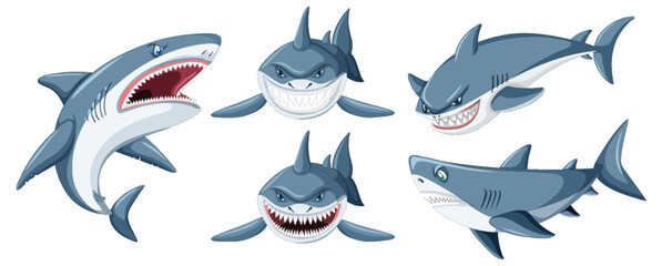 Fototapeta premium Shark Doing Different Activities Cartoon Characters