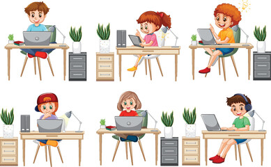 Cartoon Kids Using Laptops for Online Learning