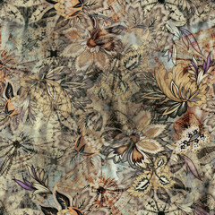 art vintage monochrome and graphic floral seamless pattern with beautiful different style flowers on background. Double Exposure effect for fabric and paper print