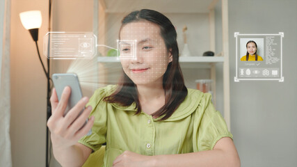 Data cyber security protection login technology concept. Woman scanning face or eyes with a...