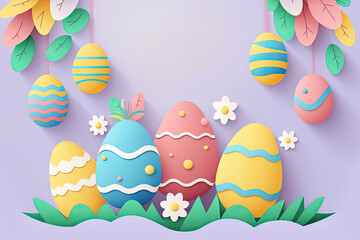Fototapeta na wymiar Paper cut patterned easter eggs, colorful easter background with copy space for text, easter wishes, greeting card and banner