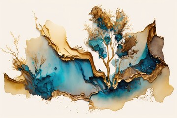Beige backdrop, lovely alcohol ink and golden paint smudges and stains, abstract brown art with blue and gold. Watercolor, aquarelle, tree bark, and landscapes can all be seen in the blue fluid textur