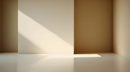 Empty beige display floor, light from window, plain background wall for copy space, mockup, display