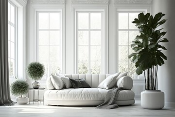 Stylish white living room with white leather sofa. Potted plant at home. Large windows in the interior. Nobody. Generative AI