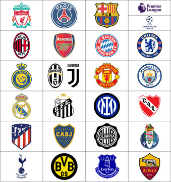  Soccer clubs logos in the world. Football Clubs Icons. Logotipos de clubes de fútbol, Loghi delle squadre di calcio, editorial vector illustration