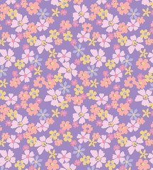 Fototapeta na wymiar Vintage floral background. Floral pattern with small pastel color flowers on a terracotta background. Seamless pattern for design and fashion prints. Ditsy style. Stock illustration.