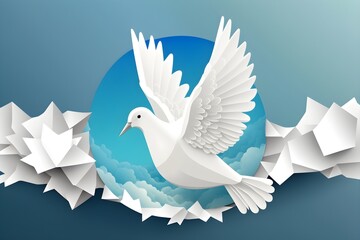 white doves on a blue sky, White pigeon isolated. beautiful shiny white dove with olive twig flying way up in a blue sky, Generative AI