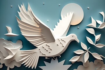 Obraz premium white doves on a blue sky, White pigeon isolated. beautiful shiny white dove with olive twig flying way up in a blue sky, Generative AI