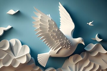 white doves on a blue sky, White pigeon isolated. beautiful shiny white dove with olive twig flying way up in a blue sky, Generative AI