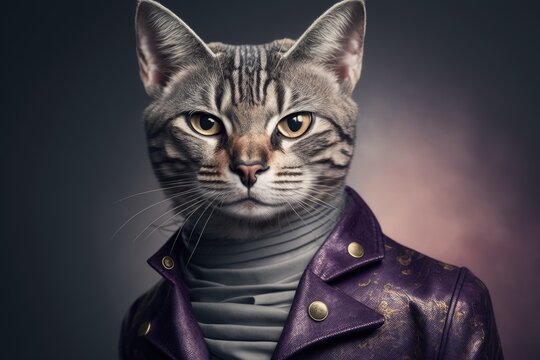 Portrait of a cat in a stylish modern outfit. Generative AI