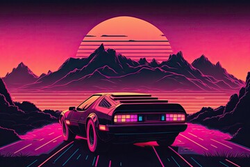 Fototapeta na wymiar Background illustration Inspired by synthwave, retrowave, and the 80s scene. Generative AI