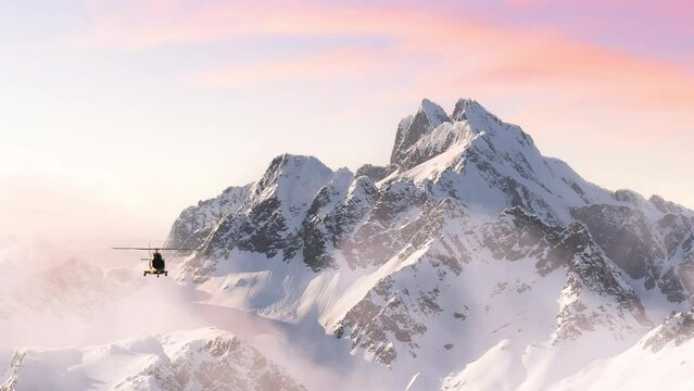 Helicopter flying over the Rocky Mountains during a colorful sunset. Landscape from BC, Canada near Squamish and Whistler. Epic Adventure Composite. 3D Rendering Heli. 3D Illustration. 3D Illustration