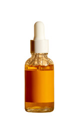 Serum in glass bottle with dropper cap on transparent background. Orange essential oil for women's skin care in png format. Beauty concept, rejuvenation.