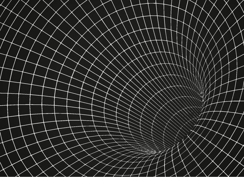 White wireframe wormhole on black, 3d funnel or portal. Graphic illusion of grid hole, line warp, abstract geometric mesh vector illustration on dark background