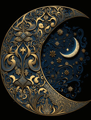 Crescent moon in blue and yellow tones with flowers and patterns. Beautiful fairy-tale illustration on black background. Detailed stunning moon with mysterious details