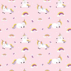 Playing unicorn and rainbow seamless kids pattern. Creative kids texture for fabric, wrapping, textile, wallpaper, apparel etc. Repeatable vector illustration.