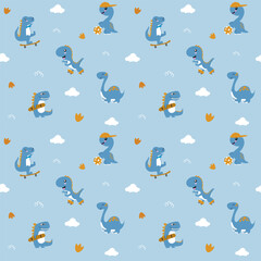 Cute dinosaurs playing games seamless kids pattern. Creative kids texture for fabric, wrapping, textile, wallpaper, apparel. Repeated vector illustration.