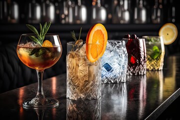 Variety of classic Cocktails on bar counter. Photo generative AI