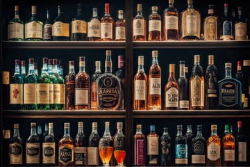 Liquor Store: Variety of Hard Liquor Brands. Photo generative AI - obrazy, fototapety, plakaty