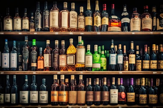 Liquor Store: Variety of Hard Liquor Brands. Photo generative AI
