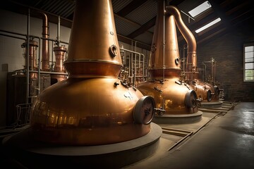 Inside view of a Scotch whisky distillery. Photo generative AI - obrazy, fototapety, plakaty
