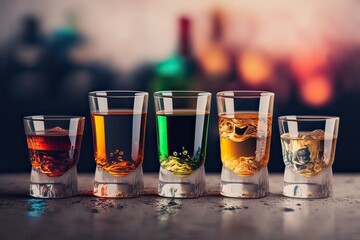 Five shot glasses with assorted alcohols. Photo generative AI