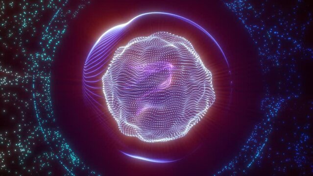 Abstract energy sphere from particles and waves of magical glowing on a dark background, video 4k, 60 fps
