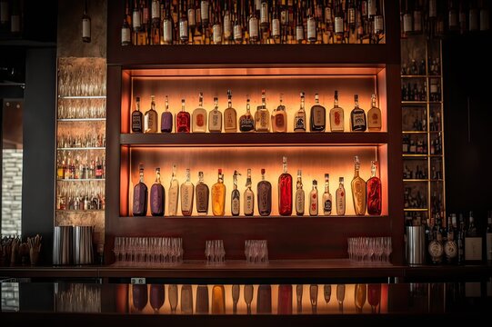 A  restaurant's bar with drinks shelf. Photo generative AI