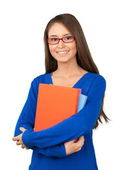 Obraz premium Smiling Woman Standing with Books and Glasses - Isolated