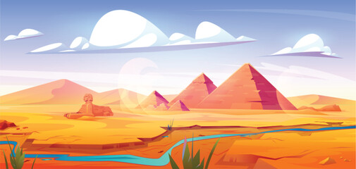Fototapeta na wymiar Drought in Egyptian desert with ancient pyramids and antique sphinx statue on bank of almost dry river. Vector cartoon illustration of sandy valley landscape with dunes, pharaoh tombs. Global warming