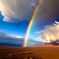Rainbow touching down onto the ground, misty, cloudy, plain mountainous desert landscape. Ai