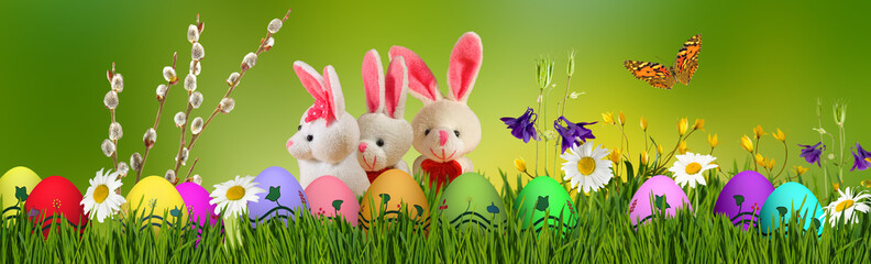 Easter greeting card on which Easter eggs, a rabbits  with beautiful flowers in the background