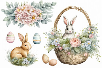  Watercolor Easter decorations on the white background. Easter bunny, easter eggs in basket. Bouquets of spring flowers. Generative AI