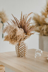 Vase with a bouquet of pampas grass.
Beige still life. Bouquet of dried flowers. Eternal...