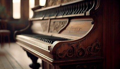 Fototapeta na wymiar Old wooden piano key and sheet music close up ,generative AI