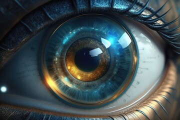 Blue eye up close. futuristic high technology. cataract. Generative AI