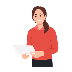 Woman reading paper document and speech bubble with info sign. Concept of professional guide, manual or instruction, counselor providing information.