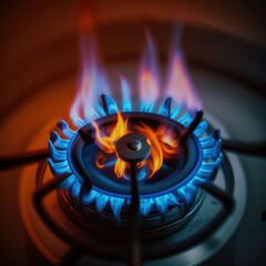 Close-up blue flame burning gas of a gas cooking stove - gas burners - stove mouth, blue flame gas stove, GENERATIVE AI
