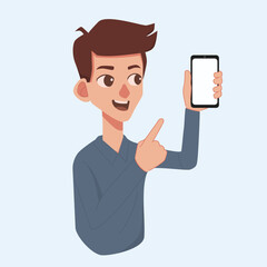 man cartoon character  show smartphone with white blank mock . for graphic design