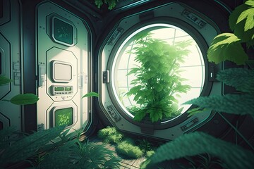 In a futuristic space station or ship, green plants are growing. Interior of science fiction. Generative AI