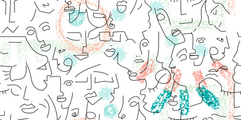 One line drawing. Abstract face seamless pattern. - 580923949