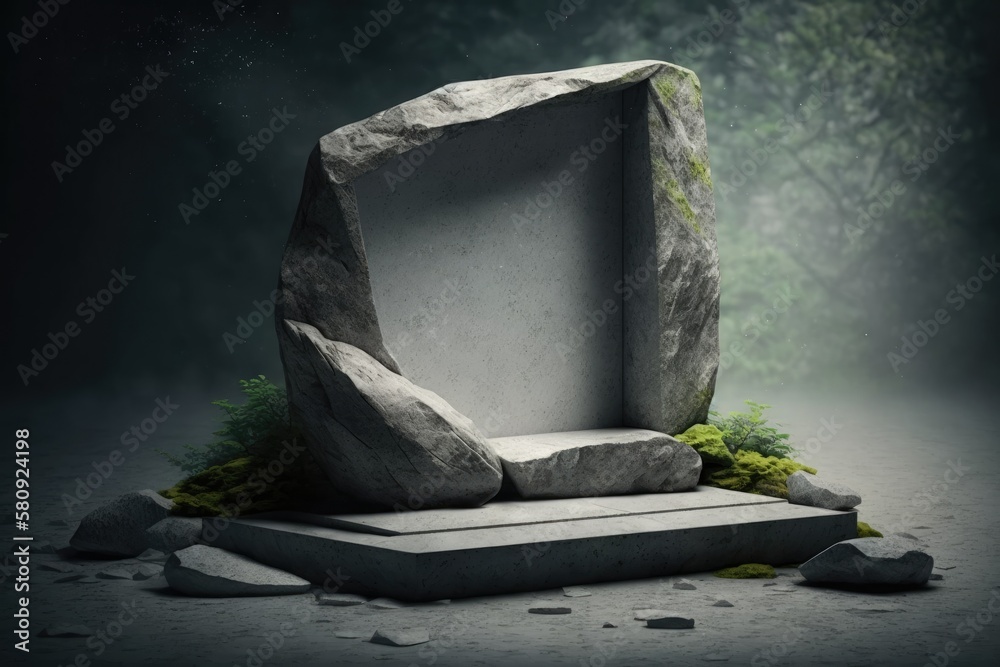 Poster Mockup of an empty podium made of stone with a natural rock and abstract background. Generative AI